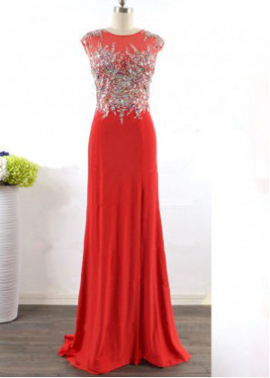 Beaded Red Chiffon Keyhole Back Gorgeous Evening Dress